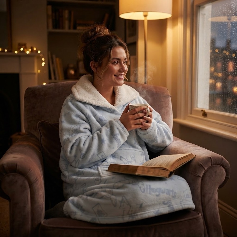 Harry Potter Womens L Blue Hogwarts Fleece Sherpa Wearable Blanket Loungewear